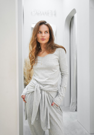 Лонгслив с V-вырезом из джерси серый меланж